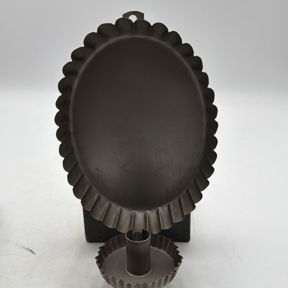Vintage Tin Oval Reflector Crimped Wall Sconce Candle Holder Prim Folk Decor